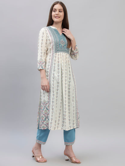 Women's Off White Printed 3/4th Sleeves Round Neck Casual Kurti Plazo Set