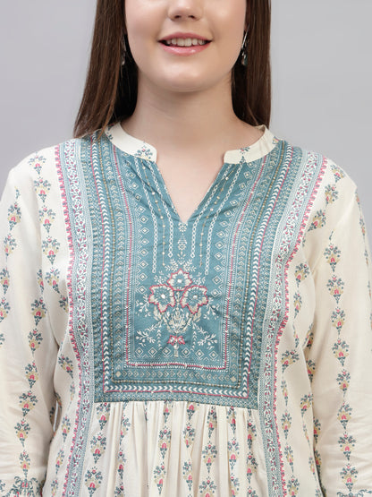 Women's Off White Printed 3/4th Sleeves Round Neck Casual Kurti Plazo Set