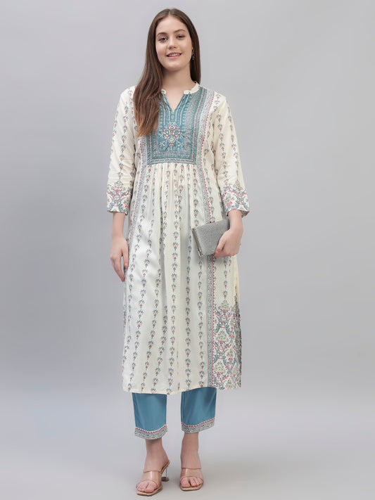 Women's Off White Printed 3/4th Sleeves Round Neck Casual Kurti Plazo Set