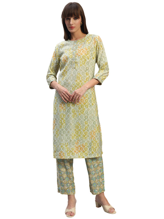 Women's Printed Green Round Neck 3/4th Sleeves Casual Kurti Plazo Set