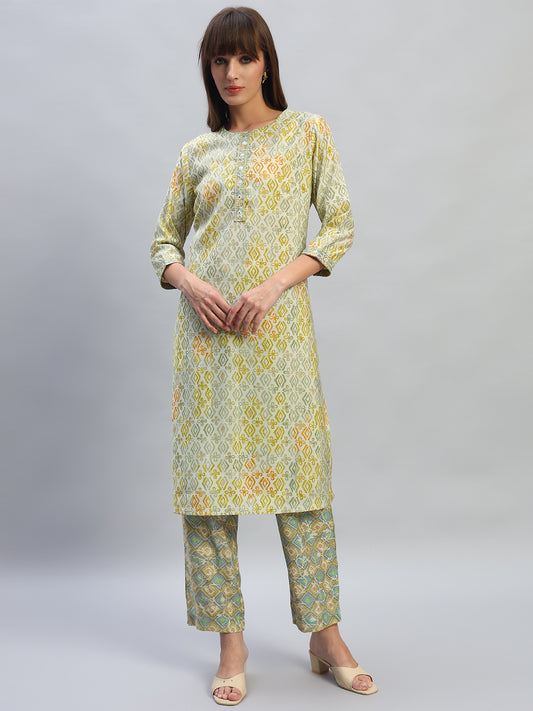 Women's Printed Green Round Neck 3/4th Sleeves Casual Kurti Plazo Set