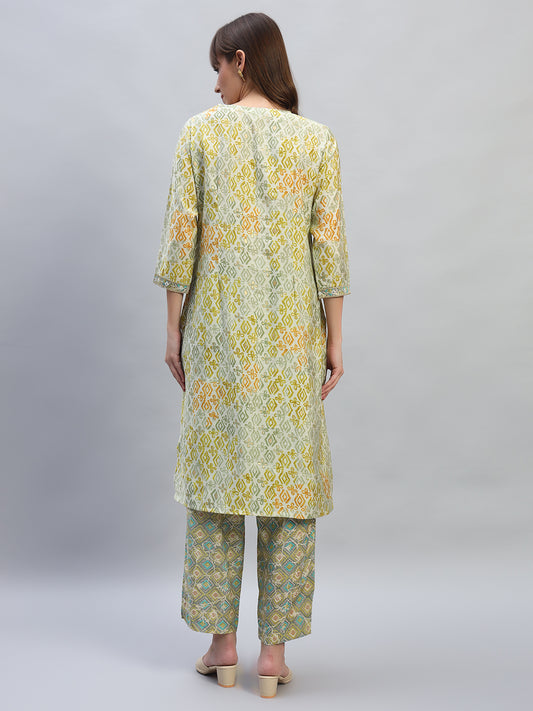 Women's Printed Green Round Neck 3/4th Sleeves Casual Kurti Plazo Set