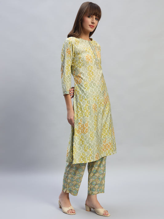 Women's Printed Green Round Neck 3/4th Sleeves Casual Kurti Plazo Set