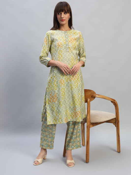 Women's Printed Green Round Neck 3/4th Sleeves Casual Kurti Plazo Set