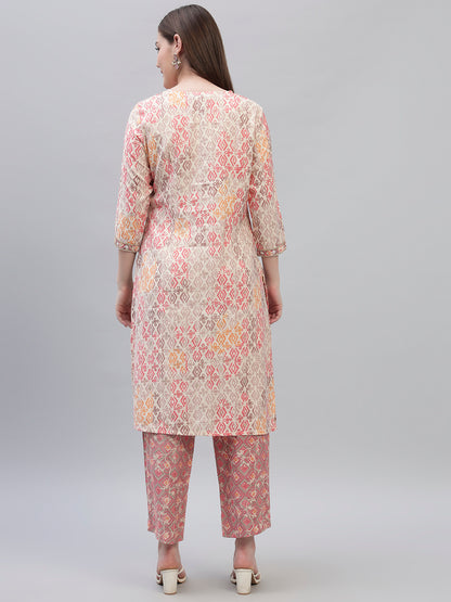 Women's Pink Printed 3/4th Sleeves Round Neck Casual Kurti Plazo Set