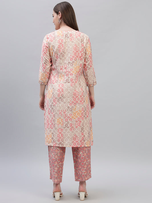 Women's Pink Printed 3/4th Sleeves Round Neck Casual Kurti Plazo Set