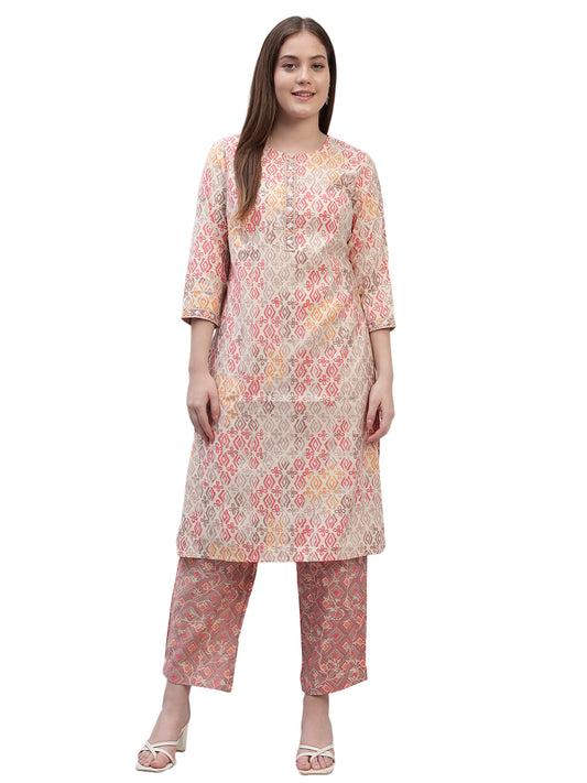 Women's Pink Printed 3/4th Sleeves Round Neck Casual Kurti Plazo Set
