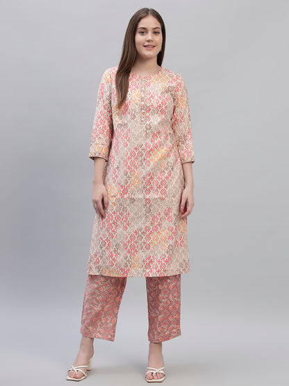 Women's Pink Printed 3/4th Sleeves Round Neck Casual Kurti Plazo Set
