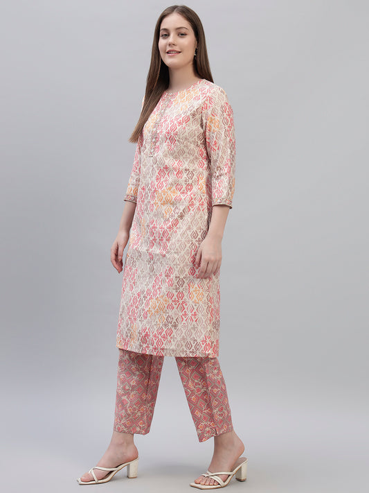 Women's Pink Printed 3/4th Sleeves Round Neck Casual Kurti Plazo Set