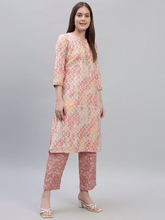 Women's Pink Printed 3/4th Sleeves Round Neck Casual Kurti Plazo Set