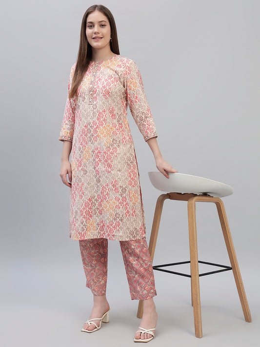 Women's Pink Printed 3/4th Sleeves Round Neck Casual Kurti Plazo Set