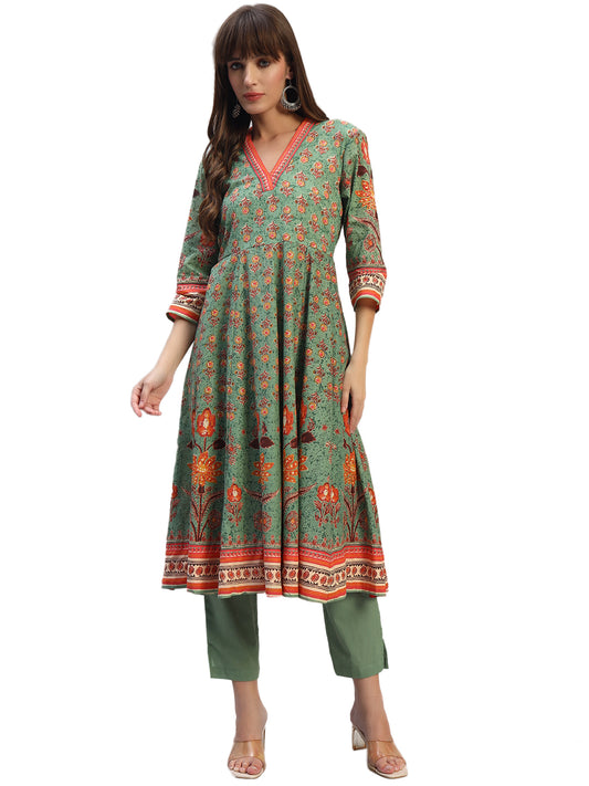 Women's Printed Green V-Neck 3/4th Sleeves Casual Kurti Plazo Set