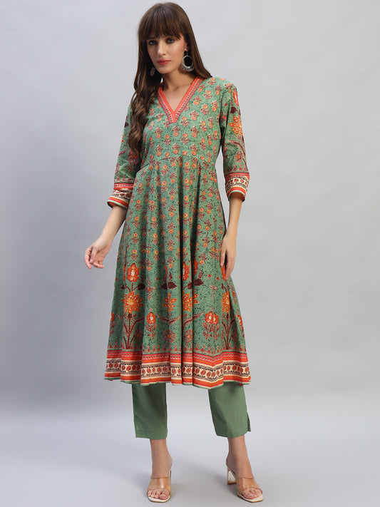 Women's Printed Green V-Neck 3/4th Sleeves Casual Kurti Plazo Set