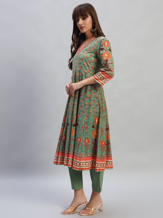 Women's Printed Green V-Neck 3/4th Sleeves Casual Kurti Plazo Set