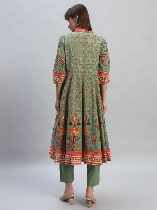 Women's Printed Green V-Neck 3/4th Sleeves Casual Kurti Plazo Set