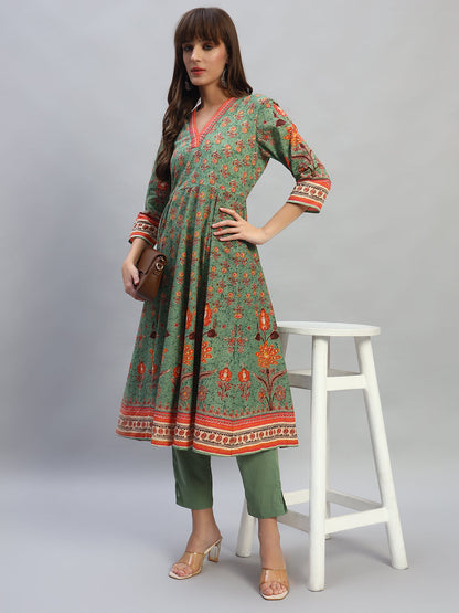 Women's Printed Green V-Neck 3/4th Sleeves Casual Kurti Plazo Set