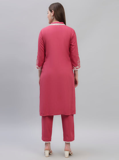Women's Pink Embroidery 3/4th Sleeves Round Neck Casual Kurti Plazo Set
