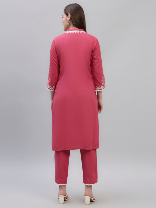Women's Pink Embroidery 3/4th Sleeves Round Neck Casual Kurti Plazo Set