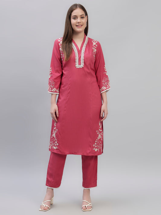 Women's Pink Embroidery 3/4th Sleeves Round Neck Casual Kurti Plazo Set