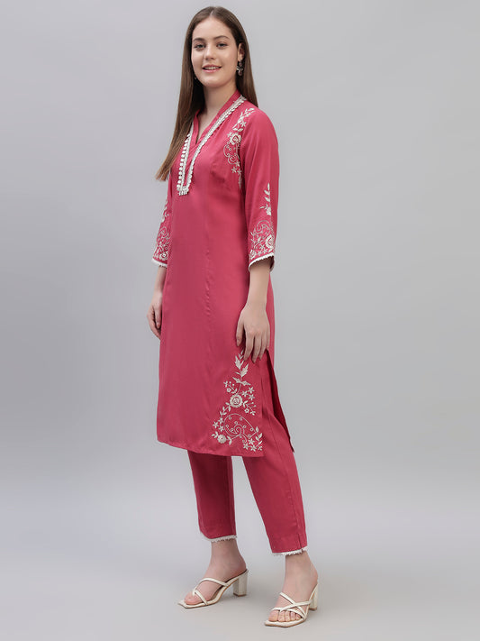 Women's Pink Embroidery 3/4th Sleeves Round Neck Casual Kurti Plazo Set