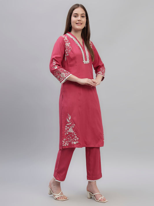 Women's Pink Embroidery 3/4th Sleeves Round Neck Casual Kurti Plazo Set