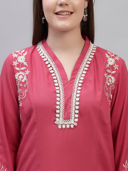 Women's Pink Embroidery 3/4th Sleeves Round Neck Casual Kurti Plazo Set