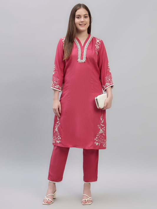 Women's Pink Embroidery 3/4th Sleeves Round Neck Casual Kurti Plazo Set