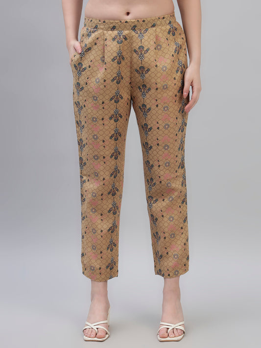 Women's Mustard Printed 3/4th Sleeves Round Neck Casual Kurti Plazo Set