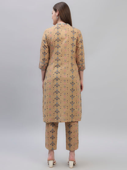 Women's Mustard Printed 3/4th Sleeves Round Neck Casual Kurti Plazo Set