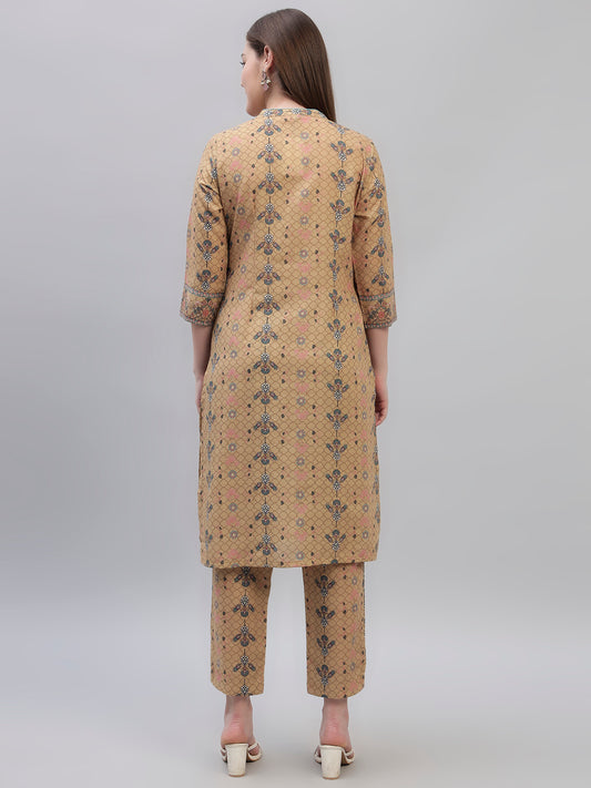 Women's Mustard Printed 3/4th Sleeves Round Neck Casual Kurti Plazo Set