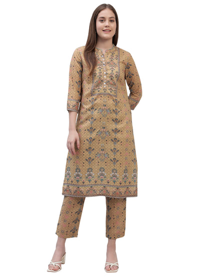Women's Mustard Printed 3/4th Sleeves Round Neck Casual Kurti Plazo Set