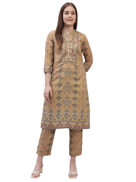 Women's Mustard Printed 3/4th Sleeves Round Neck Casual Kurti Plazo Set