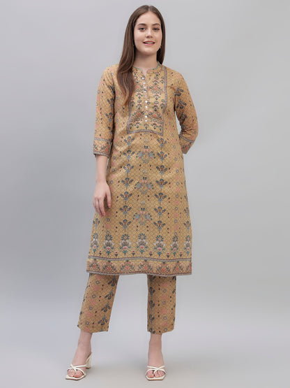 Women's Mustard Printed 3/4th Sleeves Round Neck Casual Kurti Plazo Set