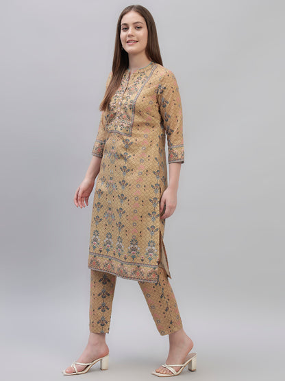 Women's Mustard Printed 3/4th Sleeves Round Neck Casual Kurti Plazo Set