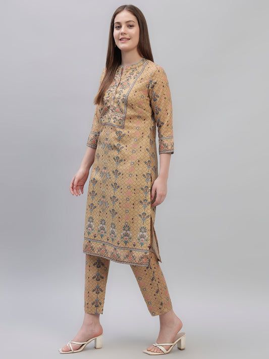 Women's Mustard Printed 3/4th Sleeves Round Neck Casual Kurti Plazo Set