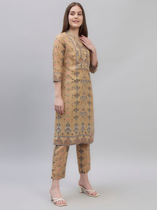 Women's Mustard Printed 3/4th Sleeves Round Neck Casual Kurti Plazo Set