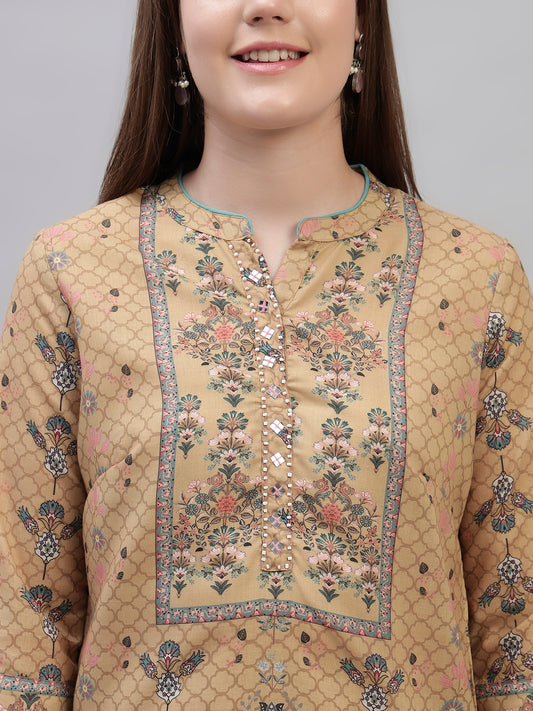 Women's Mustard Printed 3/4th Sleeves Round Neck Casual Kurti Plazo Set