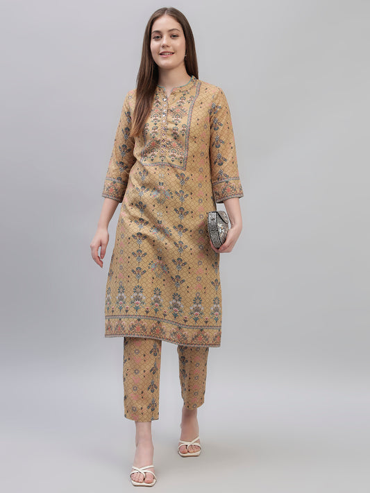Women's Mustard Printed 3/4th Sleeves Round Neck Casual Kurti Plazo Set