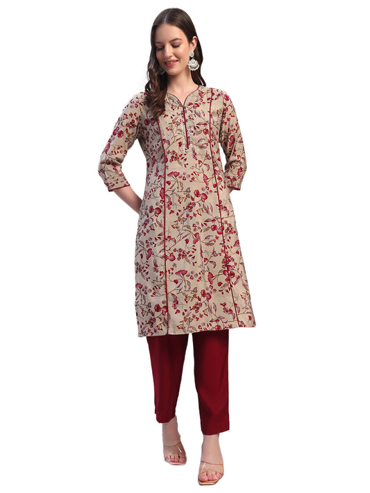 Women Printed Wine V-Neck 3/4th Sleeves Kurti Plazzo Set
