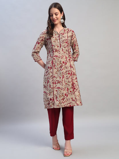 Women Printed Wine V-Neck 3/4th Sleeves Kurti Plazzo Set