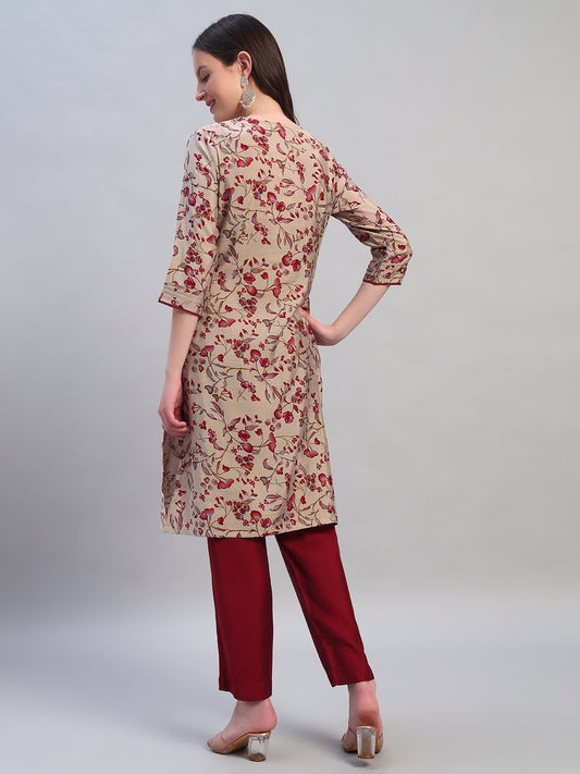 Women Printed Wine V-Neck 3/4th Sleeves Kurti Plazzo Set