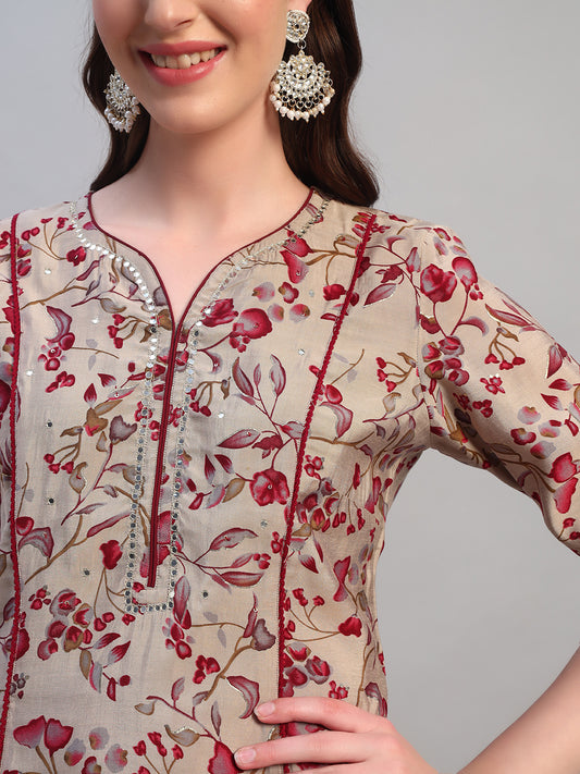 Women Printed Wine V-Neck 3/4th Sleeves Kurti Plazzo Set