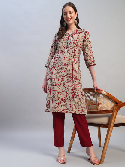 Women Printed Wine V-Neck 3/4th Sleeves Kurti Plazzo Set