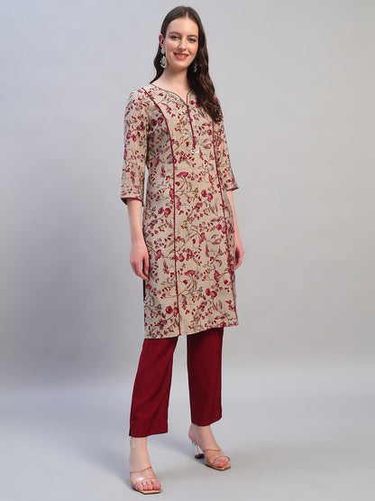 Women Printed Wine V-Neck 3/4th Sleeves Kurti Plazzo Set