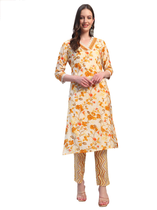 Women Printed Mustard V-Neck 3/4th Sleeves Kurti Plazzo Set
