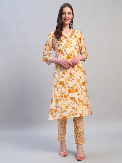 Women Printed Mustard V-Neck 3/4th Sleeves Kurti Plazzo Set