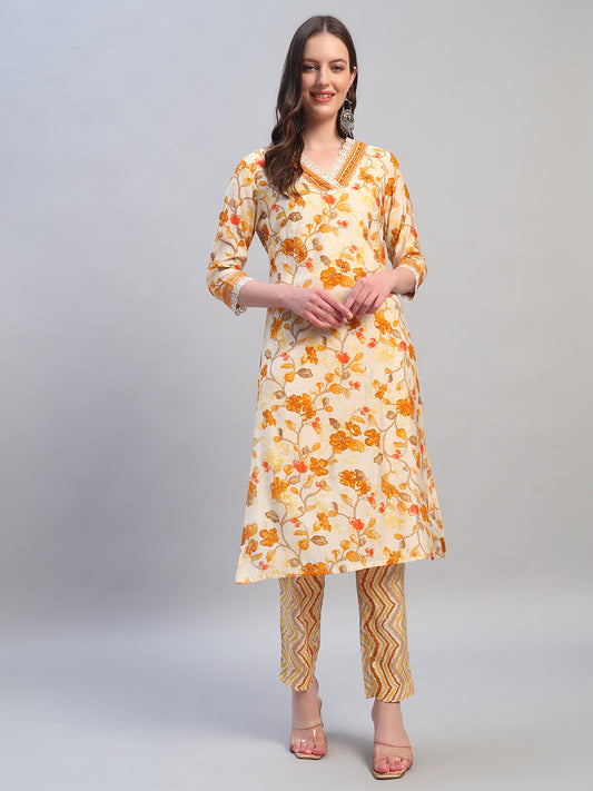Women Printed Mustard V-Neck 3/4th Sleeves Kurti Plazzo Set