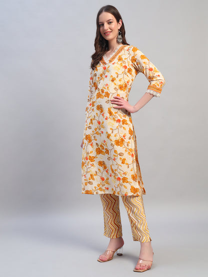 Women Printed Mustard V-Neck 3/4th Sleeves Kurti Plazzo Set