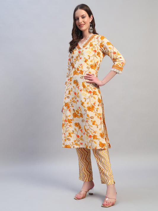 Women Printed Mustard V-Neck 3/4th Sleeves Kurti Plazzo Set