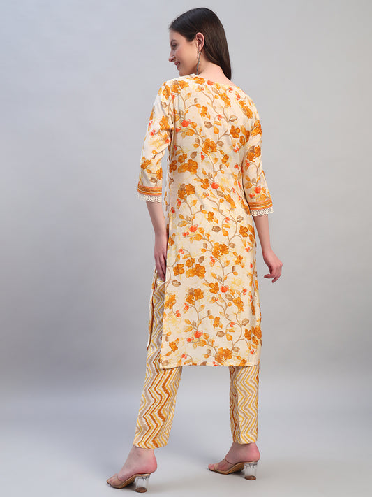 Women Printed Mustard V-Neck 3/4th Sleeves Kurti Plazzo Set